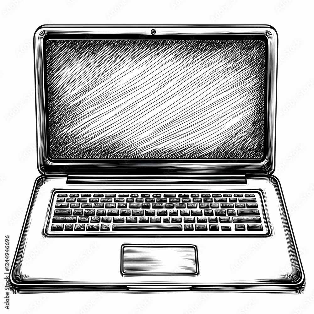 Poster open laptop shows keyboard and trackpad in a sketch style drawing