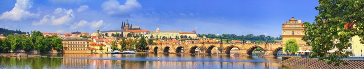 City summer landscape, banner - view of the Charles Bridge and castle complex Prague Castle in the historical center of Prague, Czech Republic