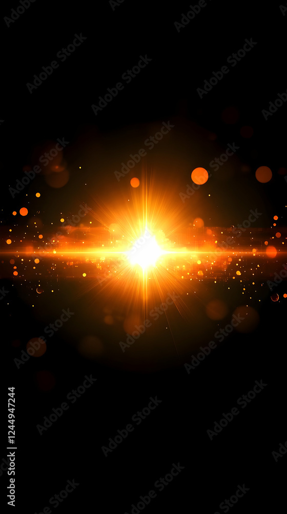 Poster abstract background with orange light burst and bokeh effect on black background