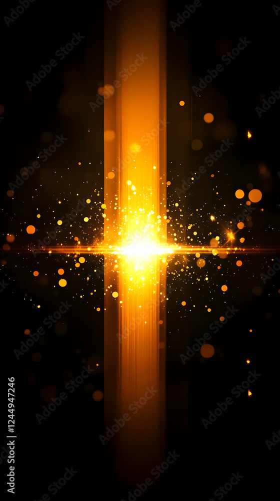 Poster golden light beam shines through dark background with sparkling particles and bokeh effect