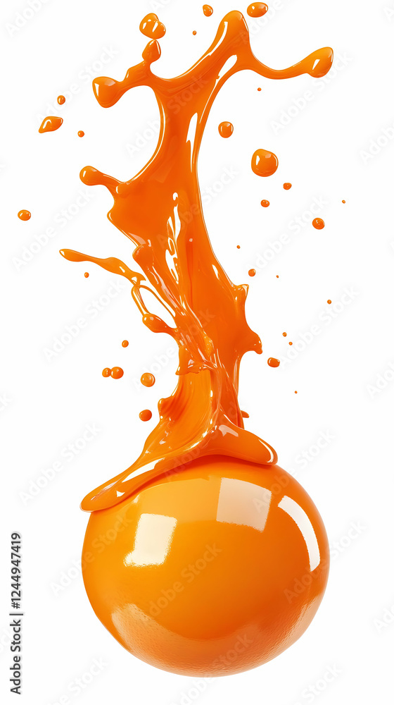 Poster Orange liquid splashing from sphere on white background dynamically illustrating refreshing beverage.