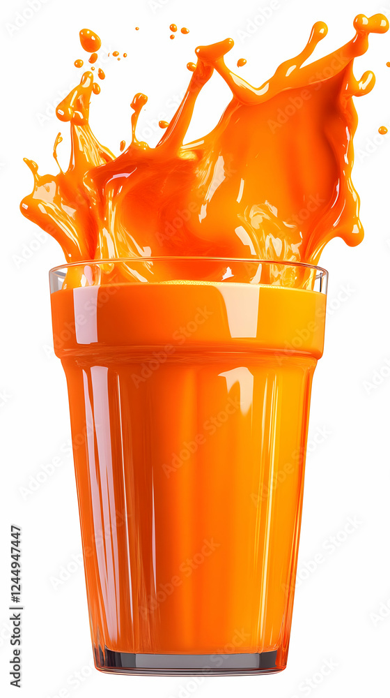 Poster orange juice splashing dynamically in a glass, isolated on white background. refreshing and vibrant.