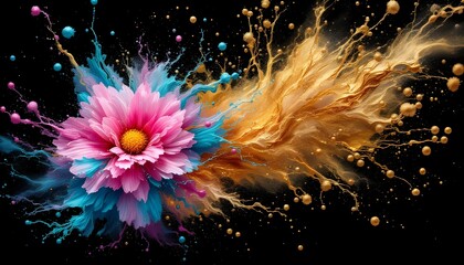 Fototapeta premium Acrylic random colors in water, showcasing a burst of pink, teal, and gold, with ink blot formations that resemble flowers. The abstract black background provides a striking contrast, making the color