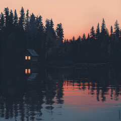 Digital Art of a Sunset View with A Rustic Cabin Amidst Enchanting Forest-Tinged with the Glow of Twilight