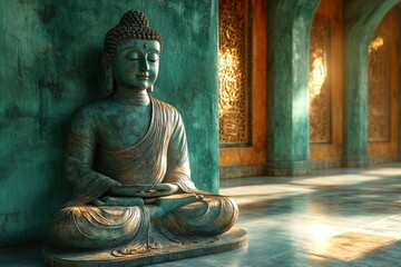 Serene Buddha statue in temple, sunlight