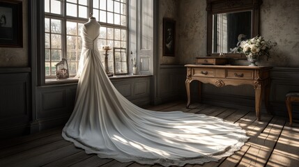 A beautiful bamboo silk wedding dress flowing over a rustic wooden vanity in a vintage room.