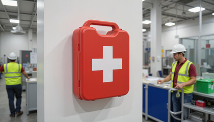 First aid kit on wall with workers in safety gear in office