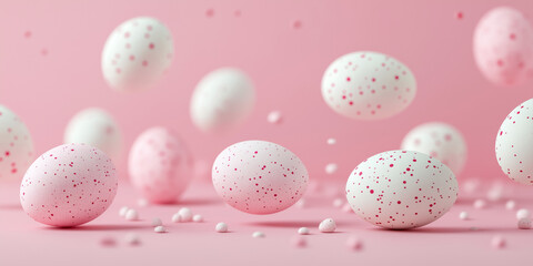 Spring celebration colorful speckled eggs floating on pink background photography whimsical environment playful viewpoint