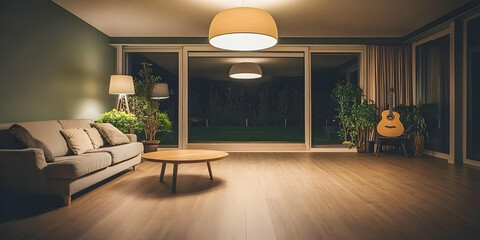 Cozy Living Room Interior Design with Warm Lighting and Garden View at Nighttime