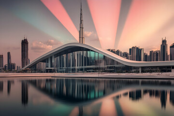 Obraz premium Modern Architecture Reflects in Calm Water at Sunset with Colorful Sky and Cityscape View