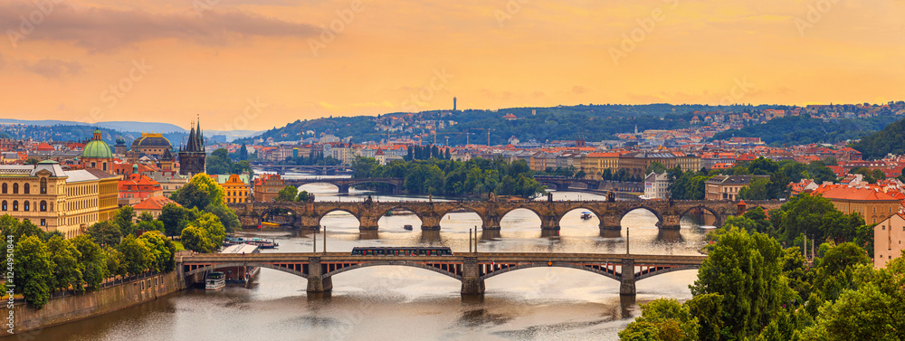 Wall mural Summer cityscape, panorama, banner - top view of the historical center of Prague and the Vltava river with bridges, Czech Republic