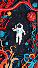 Obraz premium Paper-Cut Astronaut Floats in Colorful Cosmic Tendrils with Planets and Stars