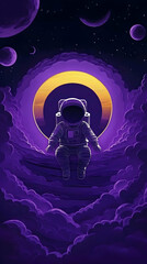 Obraz premium Astronaut Sits Above Purple Clouds, Facing a Glowing Ring in Space with Planets.