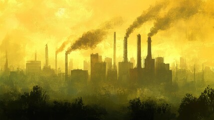 Obraz premium A dense fog of industrial pollution covering a factory skyline, smokestacks emitting toxins.