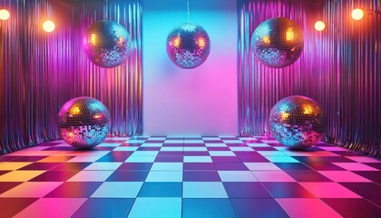 Retro-themed backdrop for a 90s theme party, featuring typical elements and colors of the era, perfect for nostalgic celebrations and disco events.