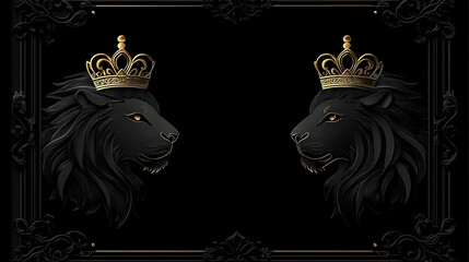 Two Black Lions with Golden Crowns Face Each Other in Elegant Frame