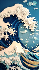 3D Paper Cut Art Depicts Ocean Waves Crashing Dramatically with Detailed Textures and Layered Design.