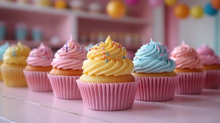 A table set for a birthday party with a variety of colorful cupcakes and festive party decorations in the background