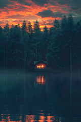 Digital Art of a Sunset View with A Rustic Cabin Amidst Enchanting Forest-Tinged with the Glow of Twilight