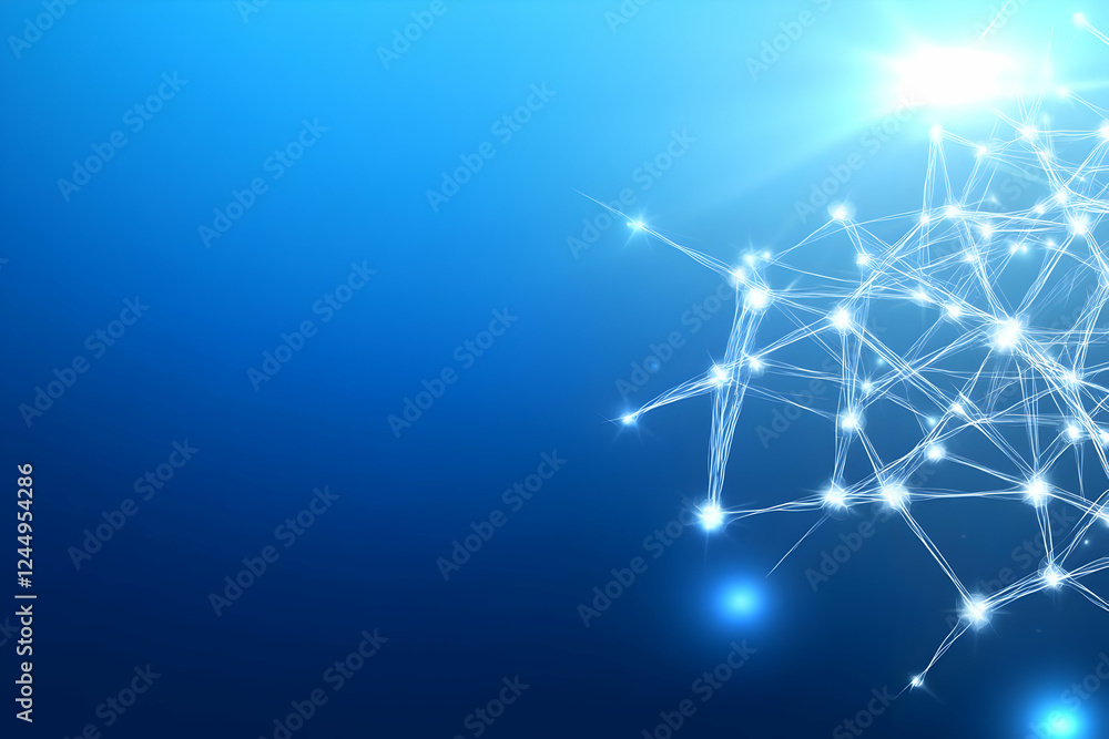 Poster abstract blue background with interconnected nodes and glowing lines creates a futuristic network