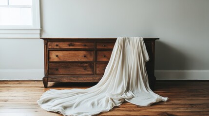 A hemp-fiber wedding dress with a flowing train arranged over an antique wooden dresser.