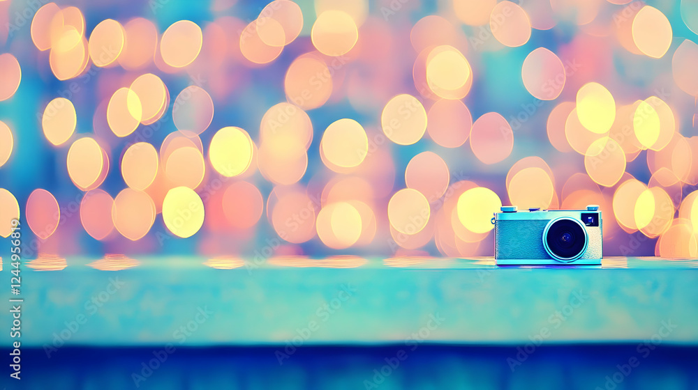 Poster retro camera sits on a surface with colorful bokeh lights background dreamily