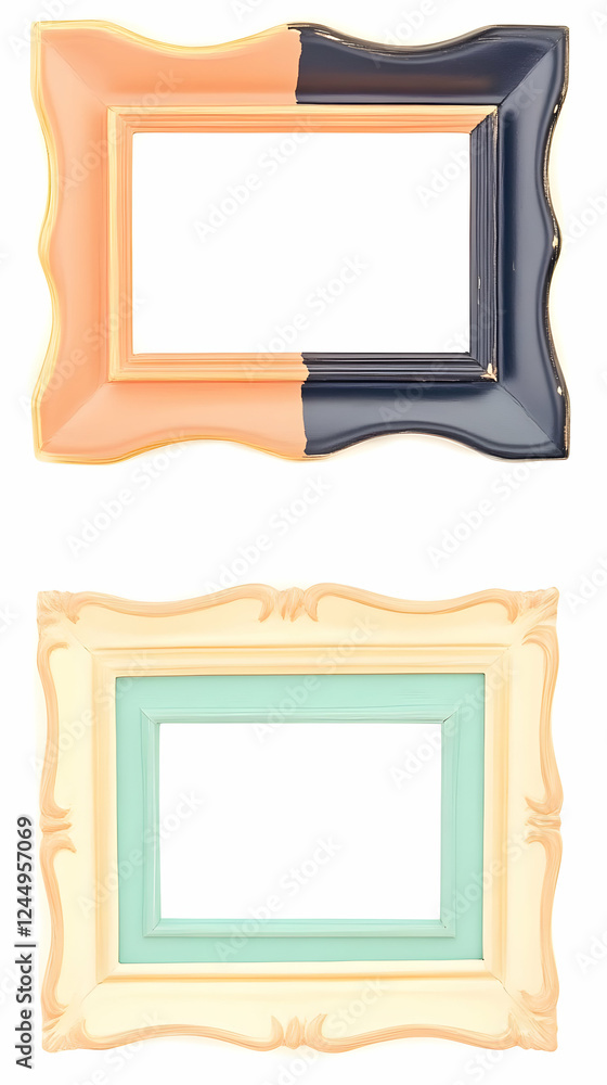Poster two decorative empty picture frames isolated on white background for displaying artwork.