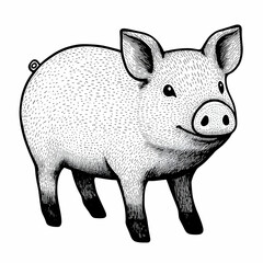 Fototapeta premium Detailed Ink Drawing of a Pig Standing Contentedly on White Background