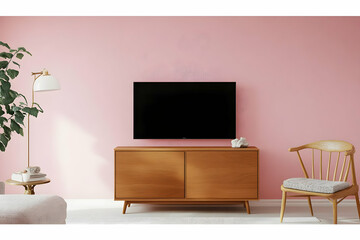 Modern Living Room Interior Shows TV on Cabinet, Chair, Lamp, and Plant with Pink Wall Background