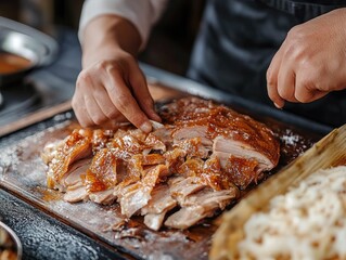 Chef expertly carving a glistening Peking duck on a wooden cutting board