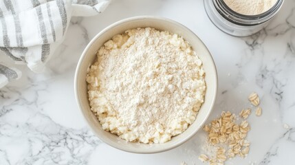 Overhead shot of oatmeal with oat flour on a marble surface setting