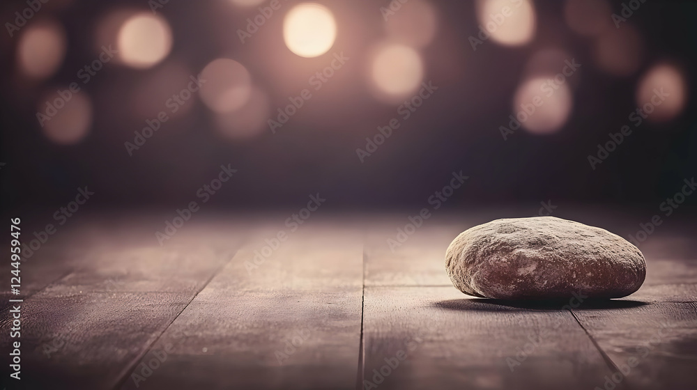 Poster round loaf of bread sits on rustic wooden table with soft bokeh background