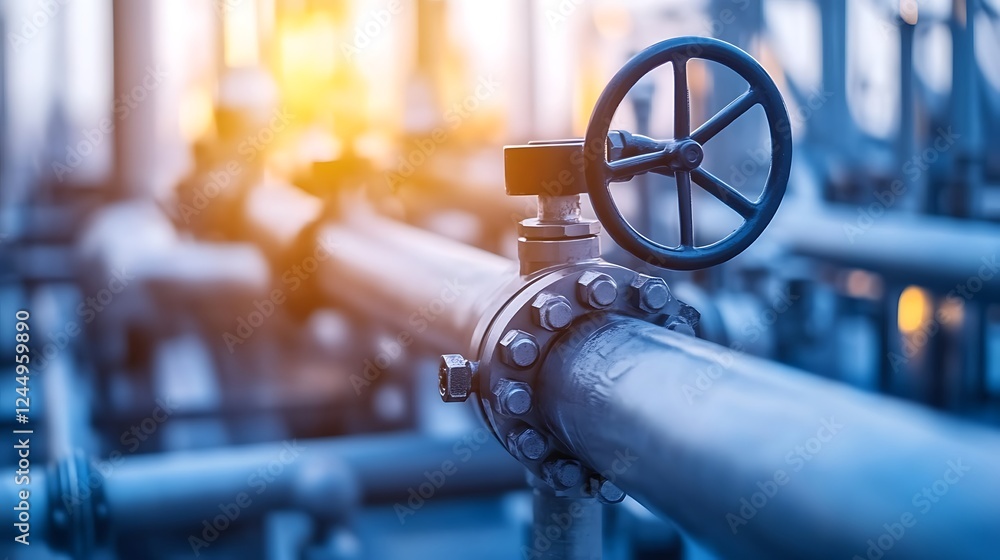 Poster industrial pipeline valve close-up: a detailed view of a metal valve on a large pipeline system in a
