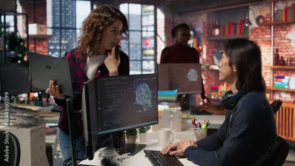 Poster startup intern holding laptop asks questions to senior technician coding advanced ai algorithm. empl