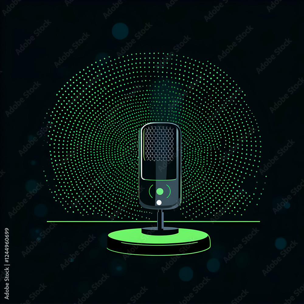 Poster microphone stands on a glowing podium with green dotted background dynamically illuminating the scen