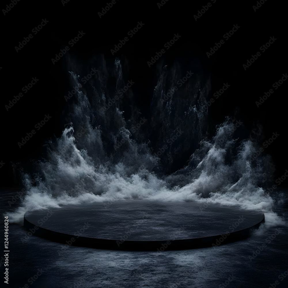 Poster dark empty podium with abstract smoke background displays product presentation in 3d rendering