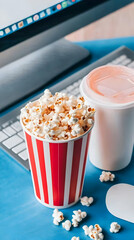 Popcorn and Drink Near Computer Keyboard Represents Movie Night at Home Comfortably