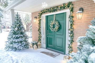 Fototapeta premium Decorated Front Door with Snowy Christmas Trees, Wreath, Garland and Gifts Beautifully Welcomes Guests During Winter Holiday Season.