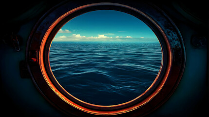 Fototapeta premium Oval Porthole Frames a Serene Ocean View with Blue Sky and Clouds Under Sunlight, Calming Seascape.