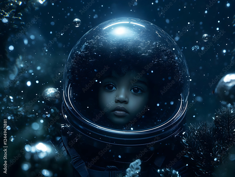 Poster child astronaut gazes out from spacesuit helmet amidst sparkling particles in a futuristic setting
