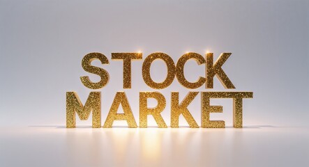 stock market word lettering with glitter gold shining effect on plain white background