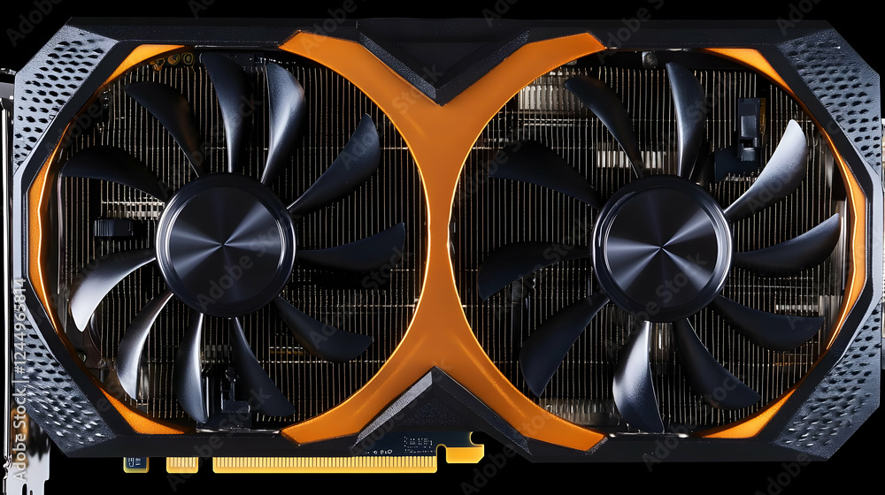 Poster dual-fan graphics card cools efficiently with powerful fans and heatsink design on a black backgroun