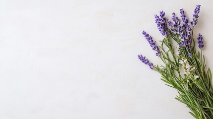 Naklejka premium Lavender bouquet on white background, space for text, floral design, greeting card