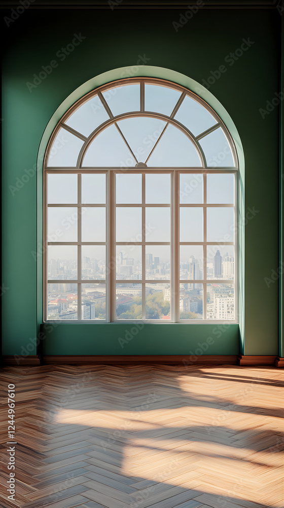 Poster modern architecture and nature in a cityscape view from a spacious room with large windows