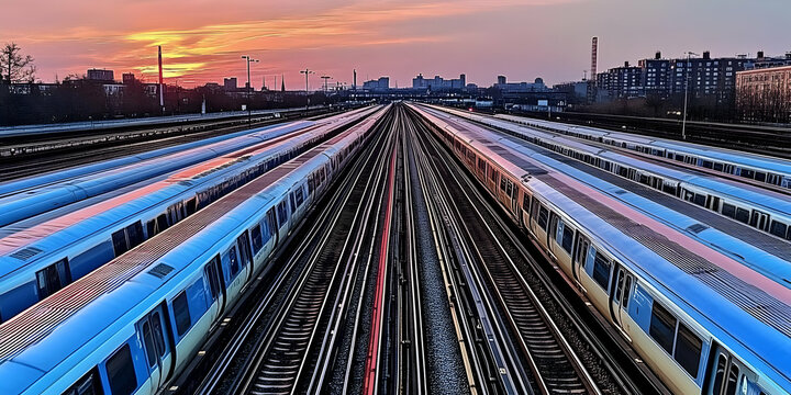 Rows of Commuter Trains Parked on Tracks at Sunset with Cityscape Skyline