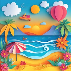 Idyllic Paper Art Summer Beach Scene With Boats And Balloons