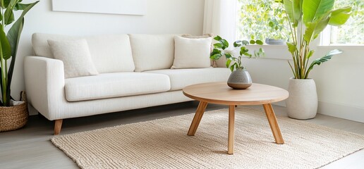 Modern living room, beige sofa, wooden coffee table, plants