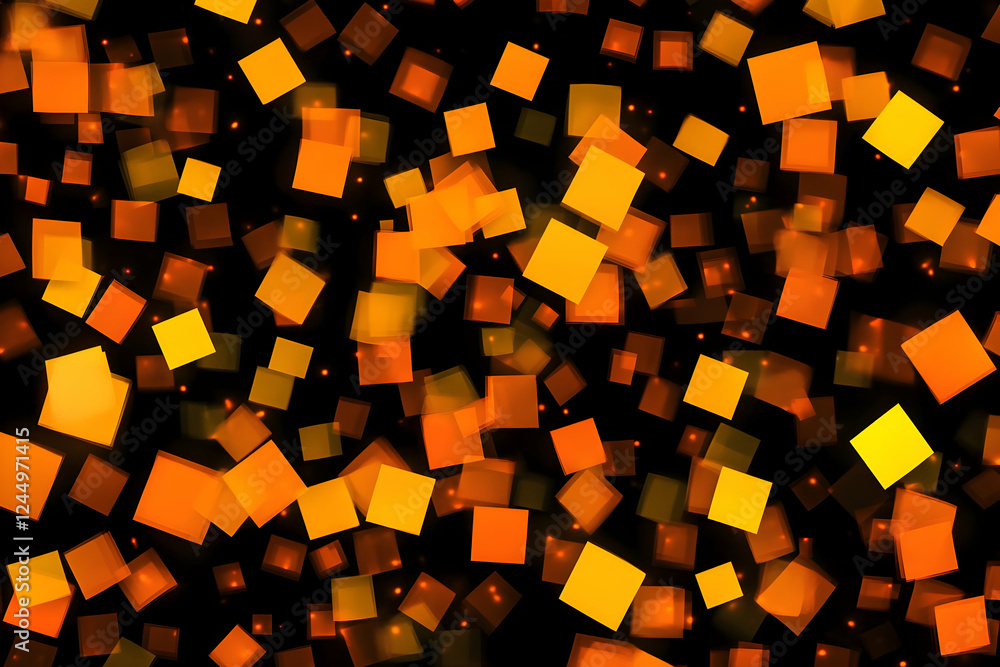 Poster abstract background shows orange and yellow squares floating dynamically on a dark backdrop with sof