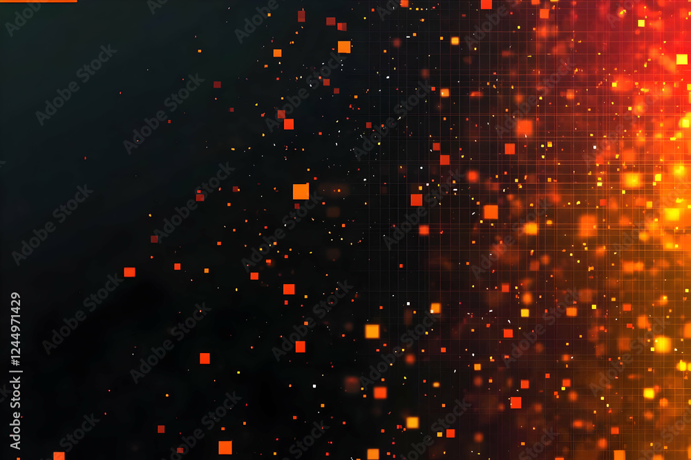 Poster abstract background shows glowing squares and grid pattern in red and orange tones