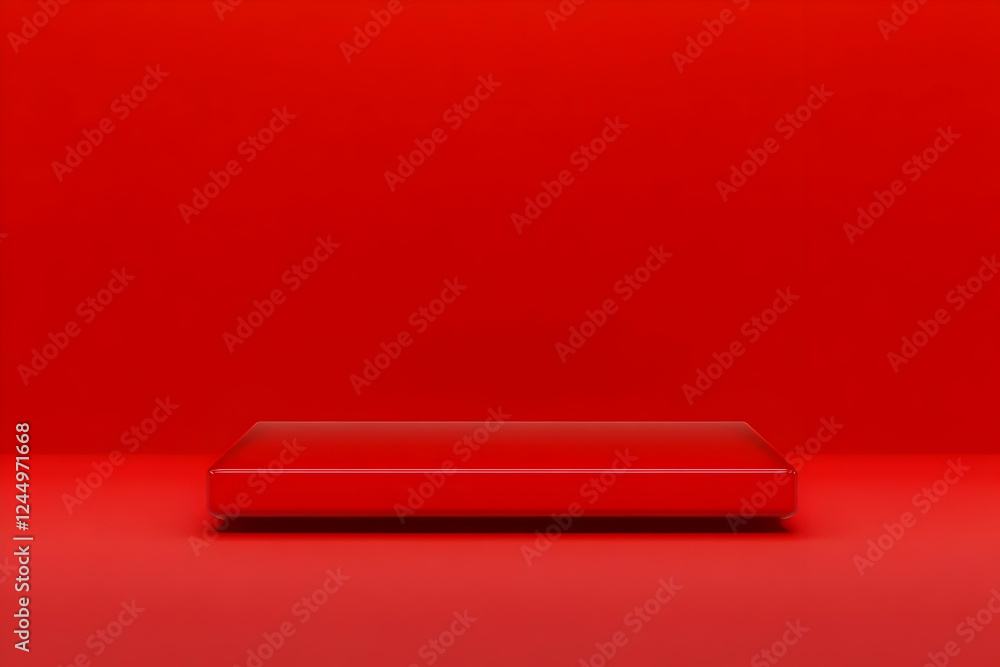Poster Red Glossy Square Platform Sits on a Red Background with Soft Lighting